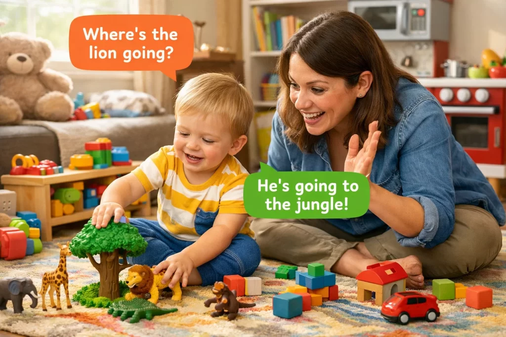 Parent encouraging conversation through play during toddler speech delay activities at home.