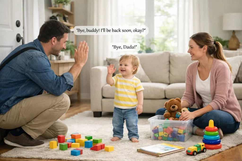 Parent practicing short goodbyes with toddler demonstrating how to prepare your child for daycare.