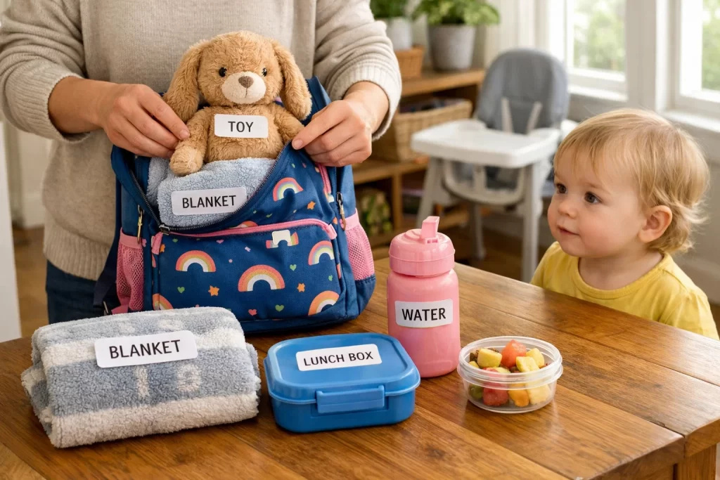 Parent packing daycare bag with comfort items showing how to prepare your child for daycare.