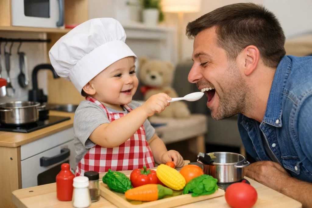 Toddler engaging in pretend kitchen play during Educational Activities for Toddlers at home.