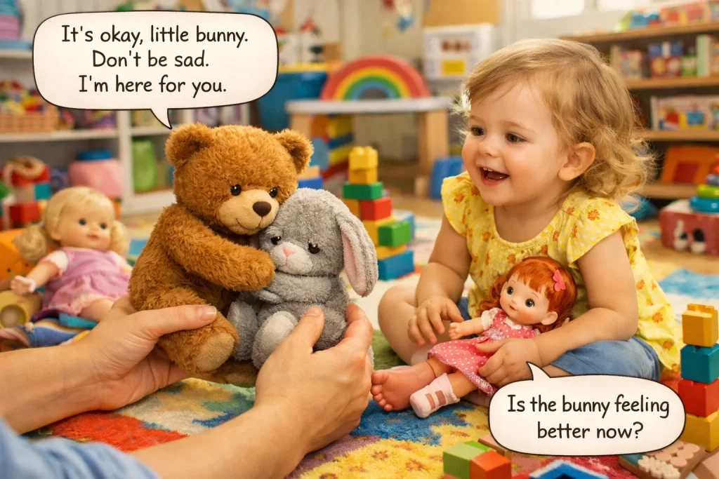 Pretend play scene showing toddler emotional development activities for parents using stuffed animals and toys.