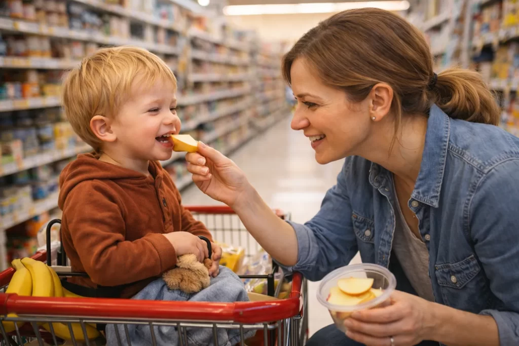 Parent preventing meltdown with snack while applying how to manage toddler tantrums without yelling.