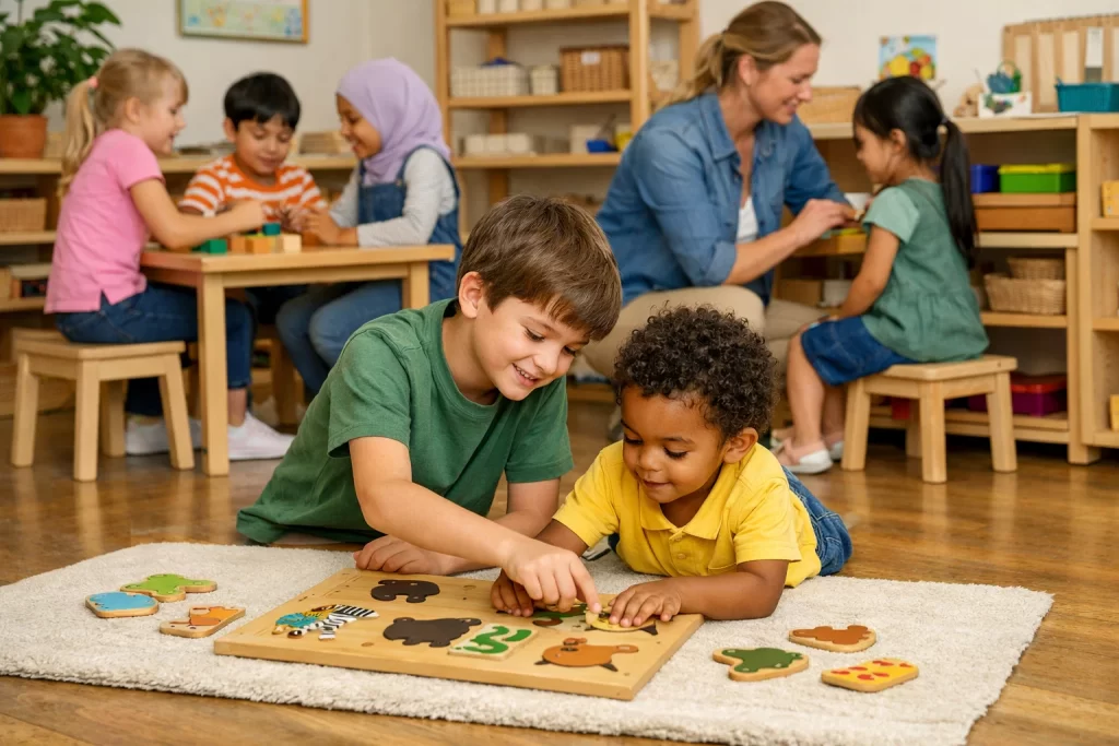 Mixed-age collaboration in Montessori early childhood education classroom supporting social and emotional growth.