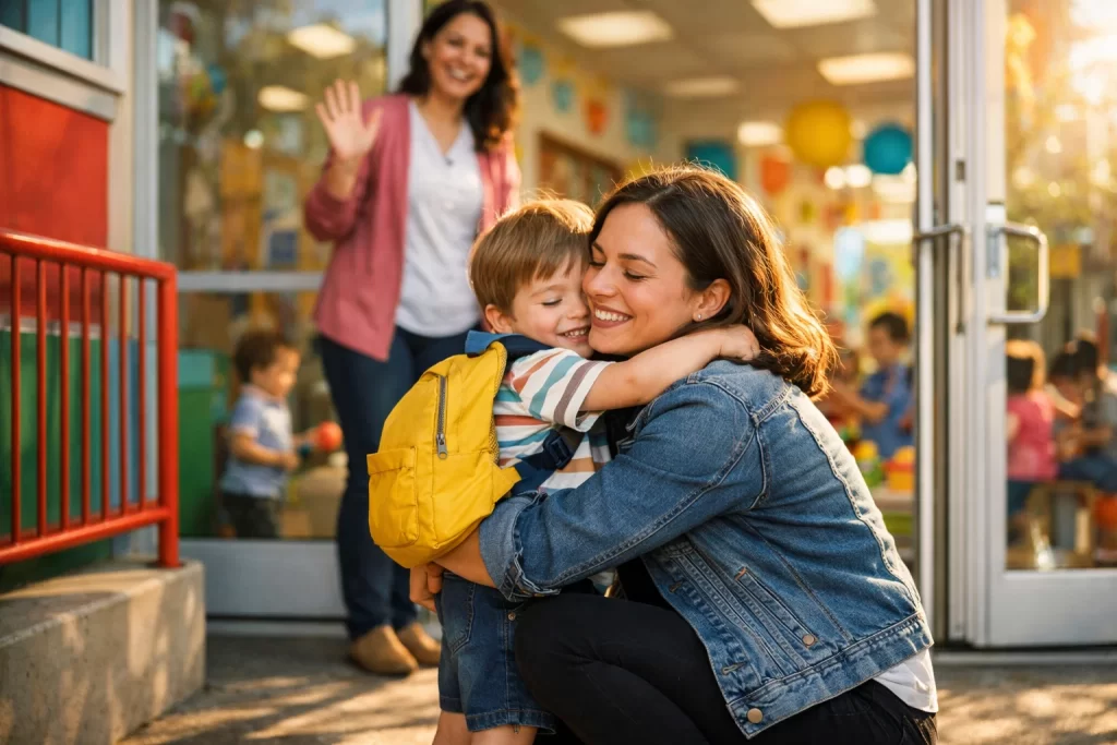 Parent hugging toddler before daycare showing how to prepare your child for daycare.