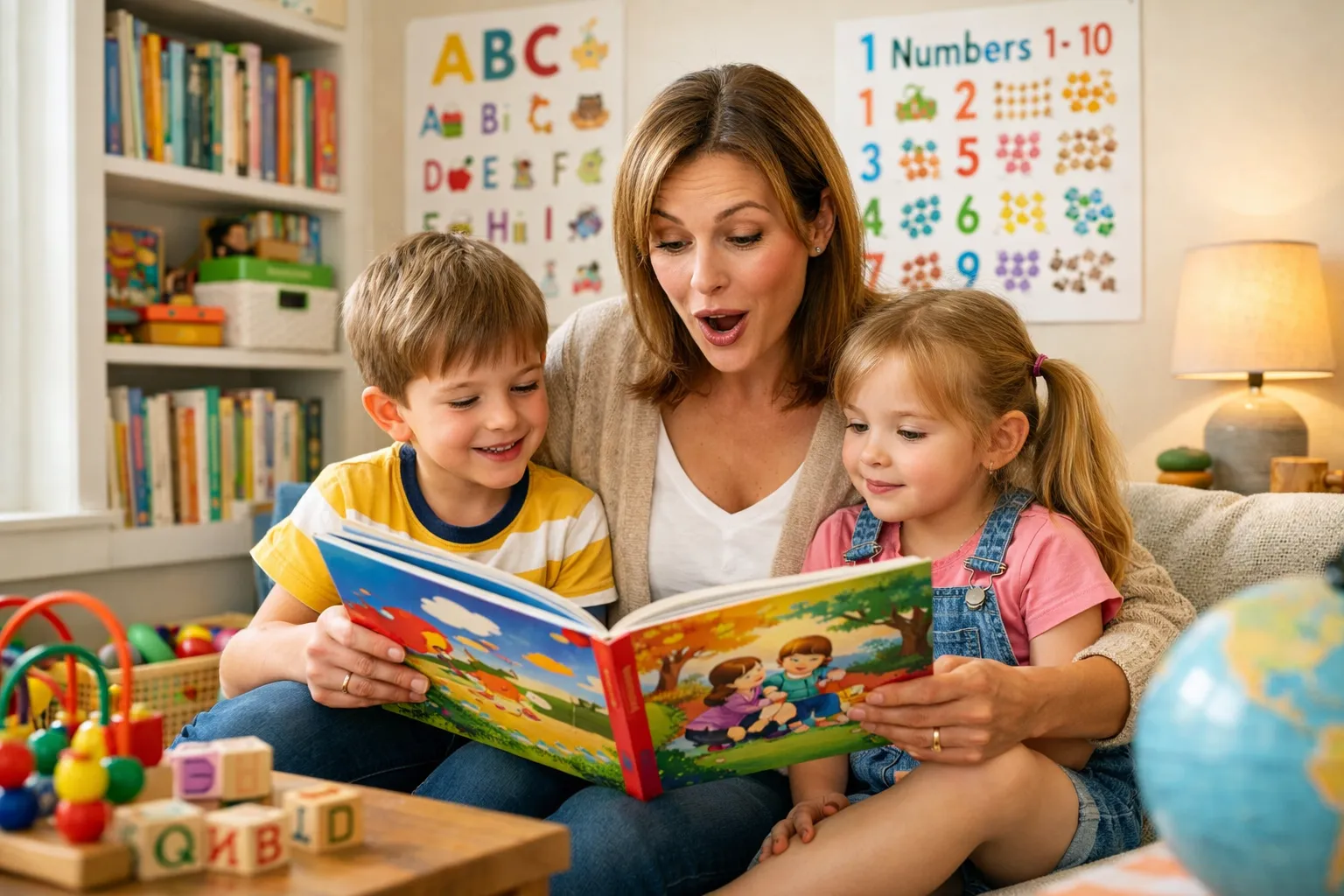Reading Activities for Kids with parent reading storybooks together in a cozy learning environment.