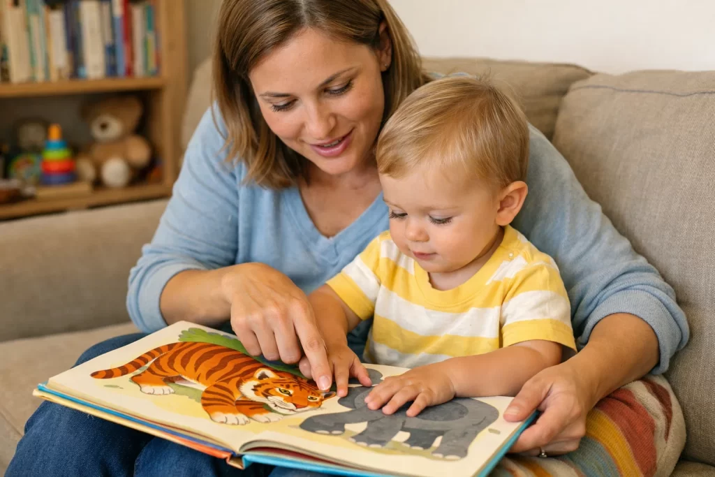 Parent reading picture book with toddler during toddler speech delay activities at home.