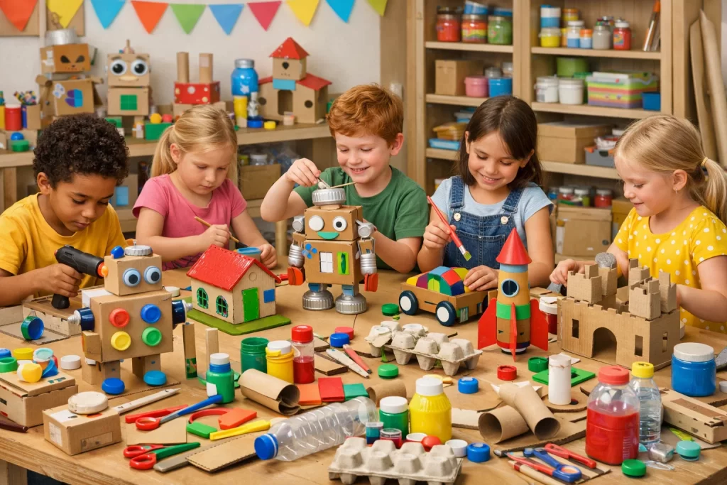 Creative Activities for Children using recycled materials like cardboard boxes and bottles for crafts.
