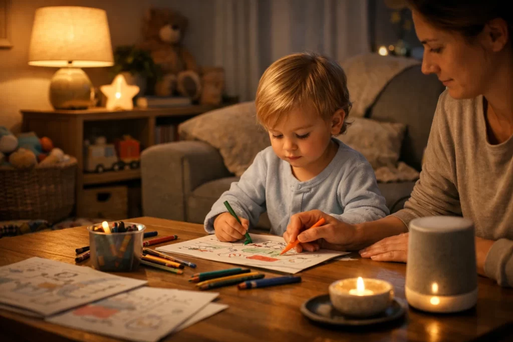 Quiet evening activities like coloring to reduce stress as natural remedies for night terrors in toddlers.