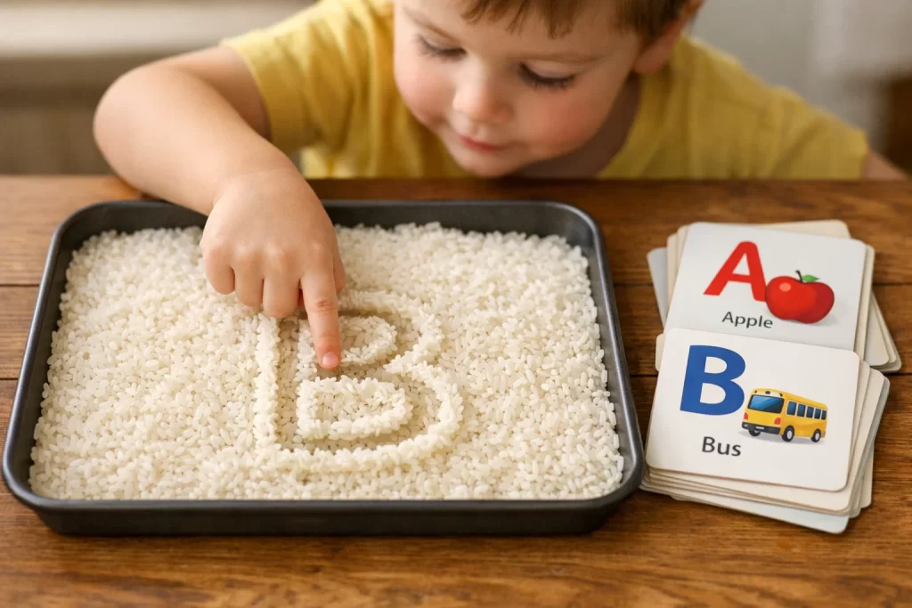 Preschool child tracing letters in rice tray during DIY Learning Activities literacy practice.