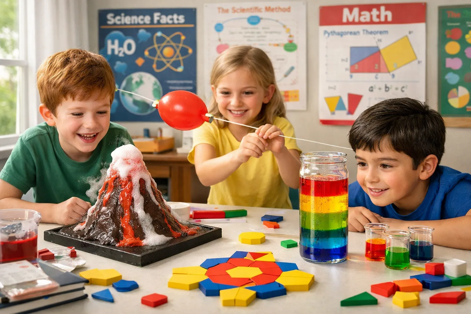 STEM Activities for Kids showing children doing science experiments, balloon rocket, density jar, and math pattern blocks.
