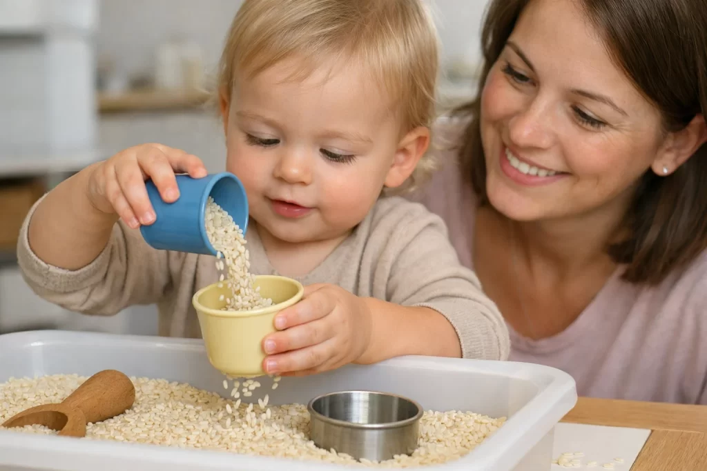 Child exploring sensory bin during Educational Activities for Toddlers to improve fine motor skills.
