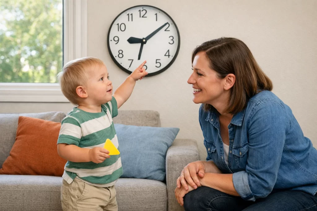 Toddler identifying household shapes as part of Educational Activities for Toddlers at home.