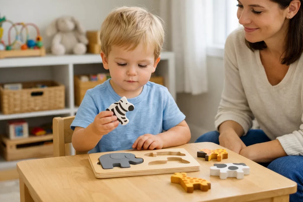 Toddler solving wooden puzzle as part of Educational Activities for Toddlers to build problem-solving skills.
