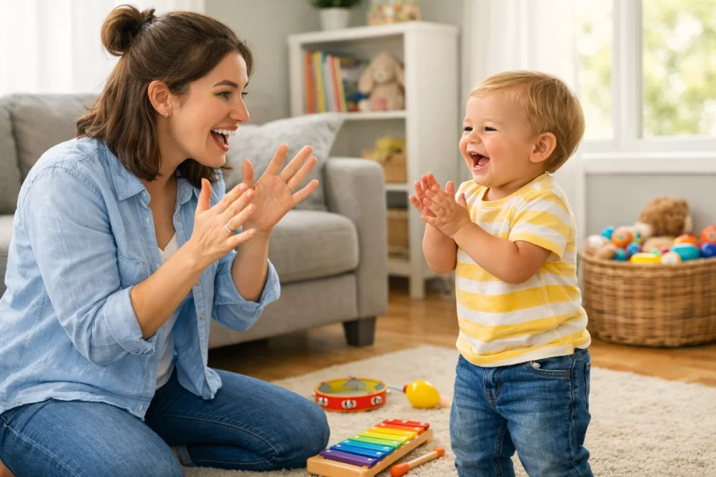 Parent and toddler singing nursery rhymes during toddler speech delay activities at home.