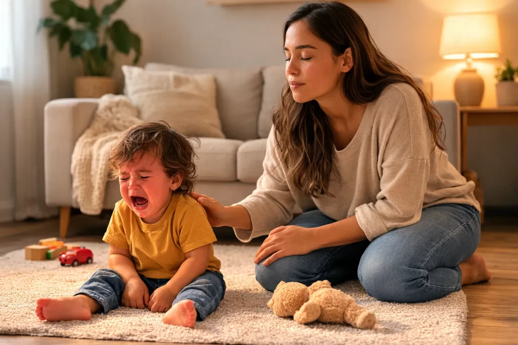 Calm parent controlling reaction during toddler meltdown demonstrating how to manage toddler tantrums without yelling.