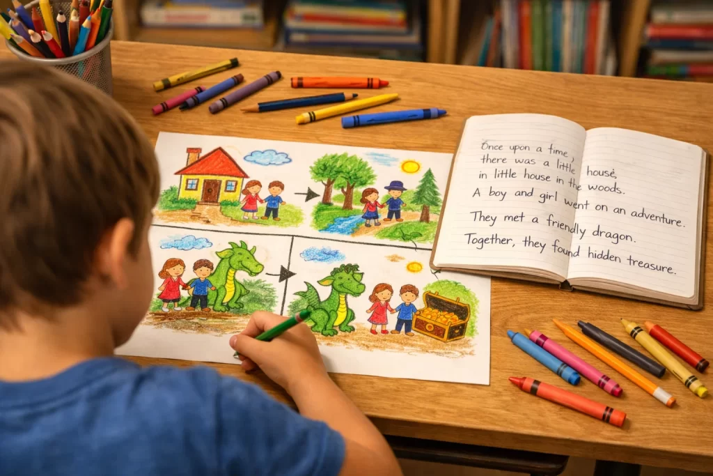 Creative Activities for Children combining drawing and storytelling to build imagination.