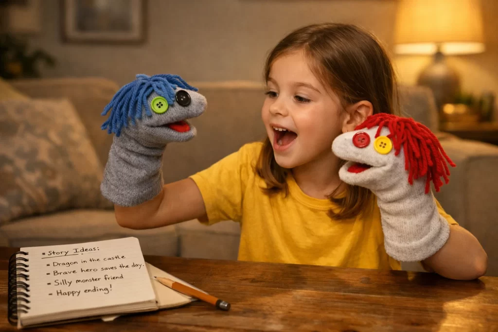 Child performing puppet storytelling as part of DIY Learning Activities language development.