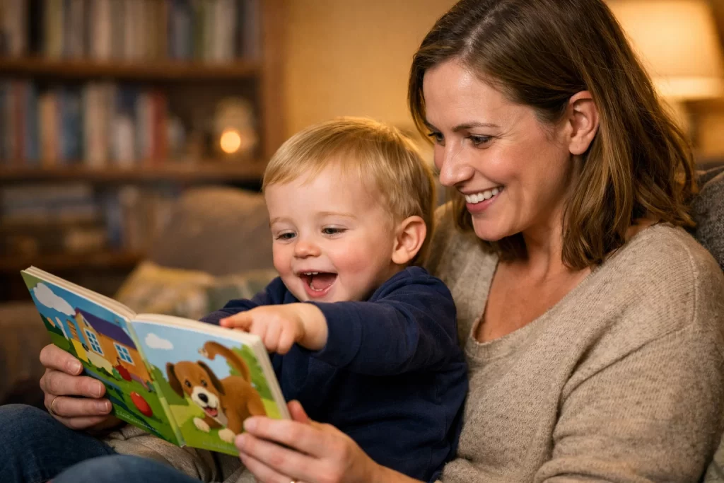 Parent reading picture book during Educational Activities for Toddlers to boost language development.