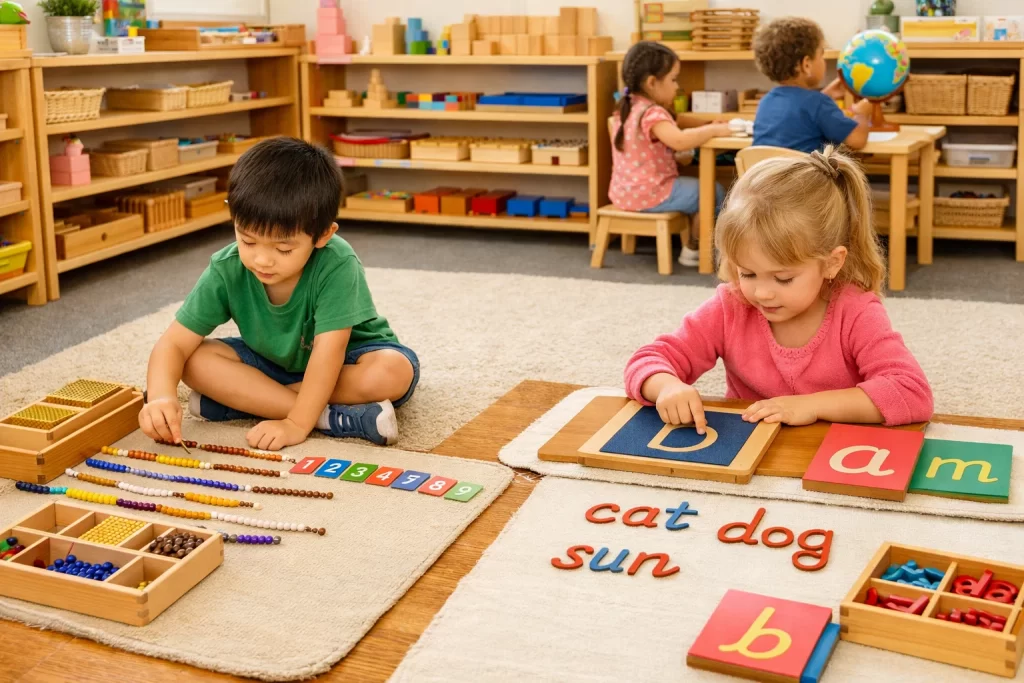 Children learning math and literacy through Montessori early childhood education materials.