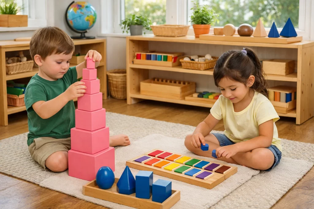Children using sensory materials in Montessori early childhood education to support brain development.