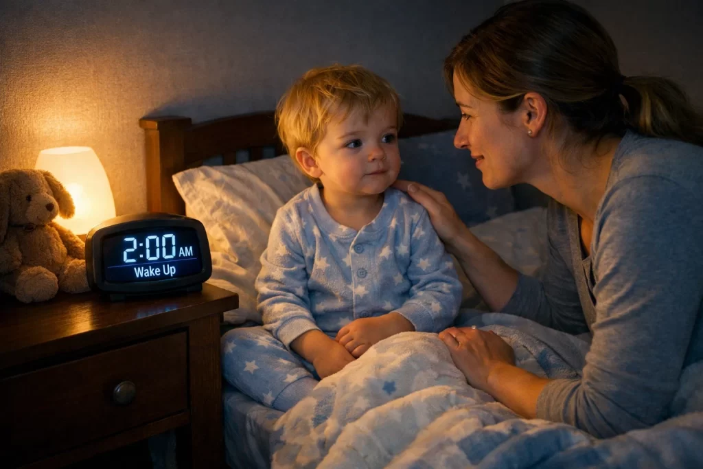 Parent gently waking toddler before night terror as part of natural remedies for night terrors in toddlers.