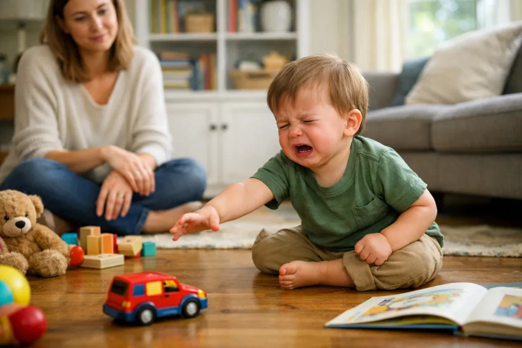 Parent observing toddler frustration to understand how to manage toddler tantrums without yelling.