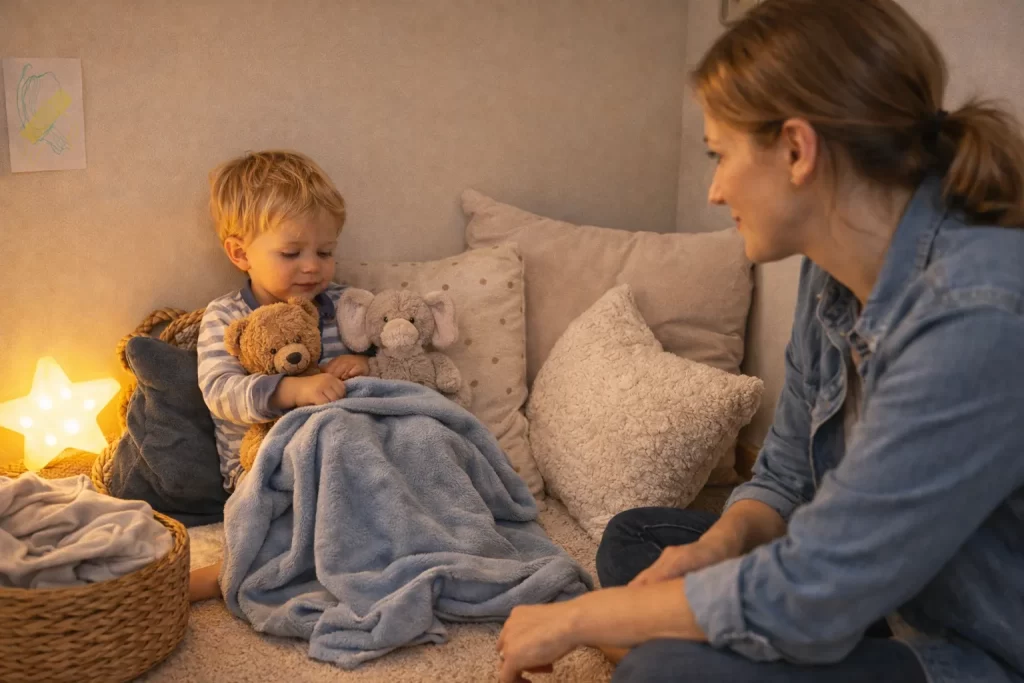 Toddler calming down in a quiet space illustrating how to manage toddler tantrums without yelling.