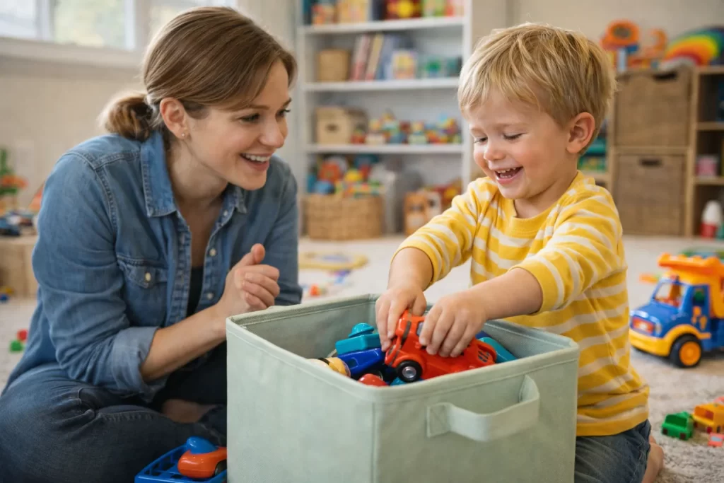 Parent praising toddler good behavior demonstrating how to manage toddler tantrums without yelling.