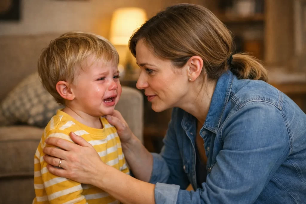 Parent validating toddler emotions while practicing how to manage toddler tantrums without yelling.