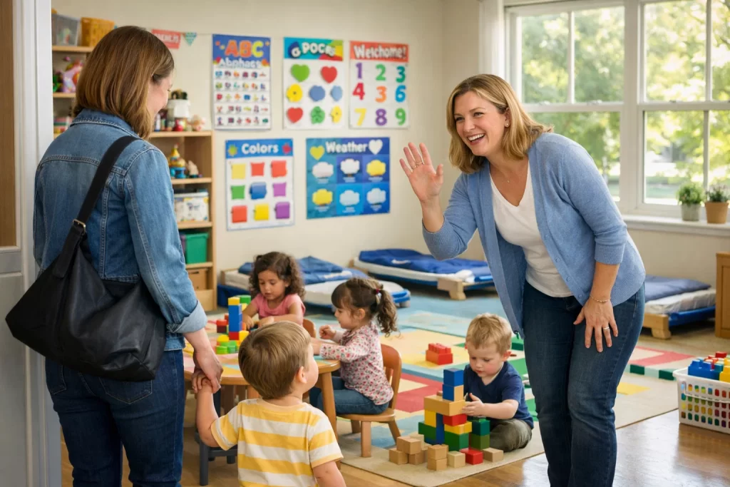 Parent and child visiting daycare center before enrollment showing how to prepare your child for daycare.