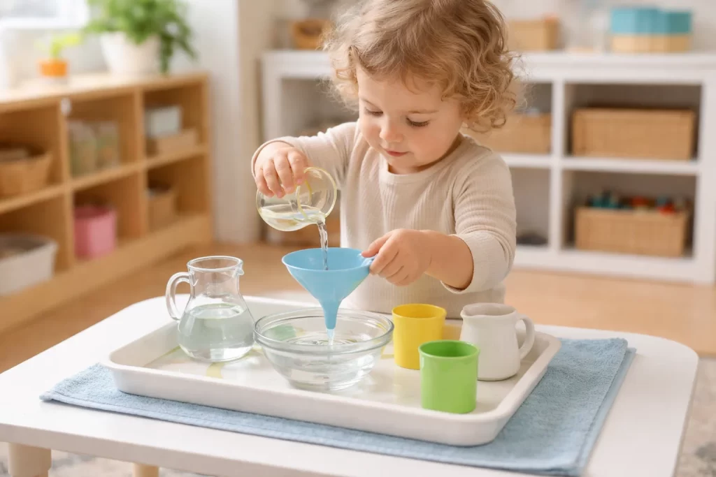 Toddler practicing pouring water in simple sensory play activities for toddlers indoors.