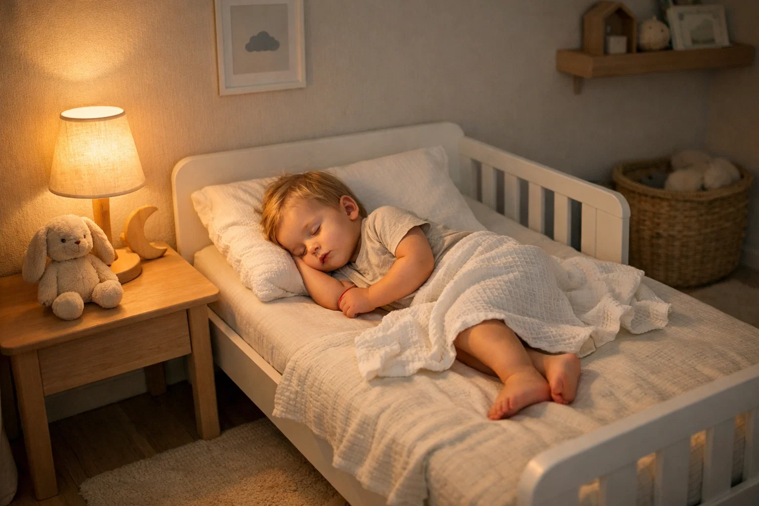 Toddler sleeping safely with small blanket illustrating when can toddlers sleep with a blanket.