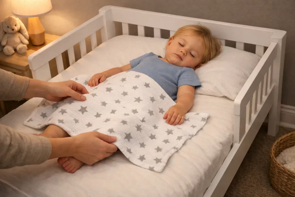 Parent introducing small toddler blanket showing when can toddlers sleep with a blanket safely.