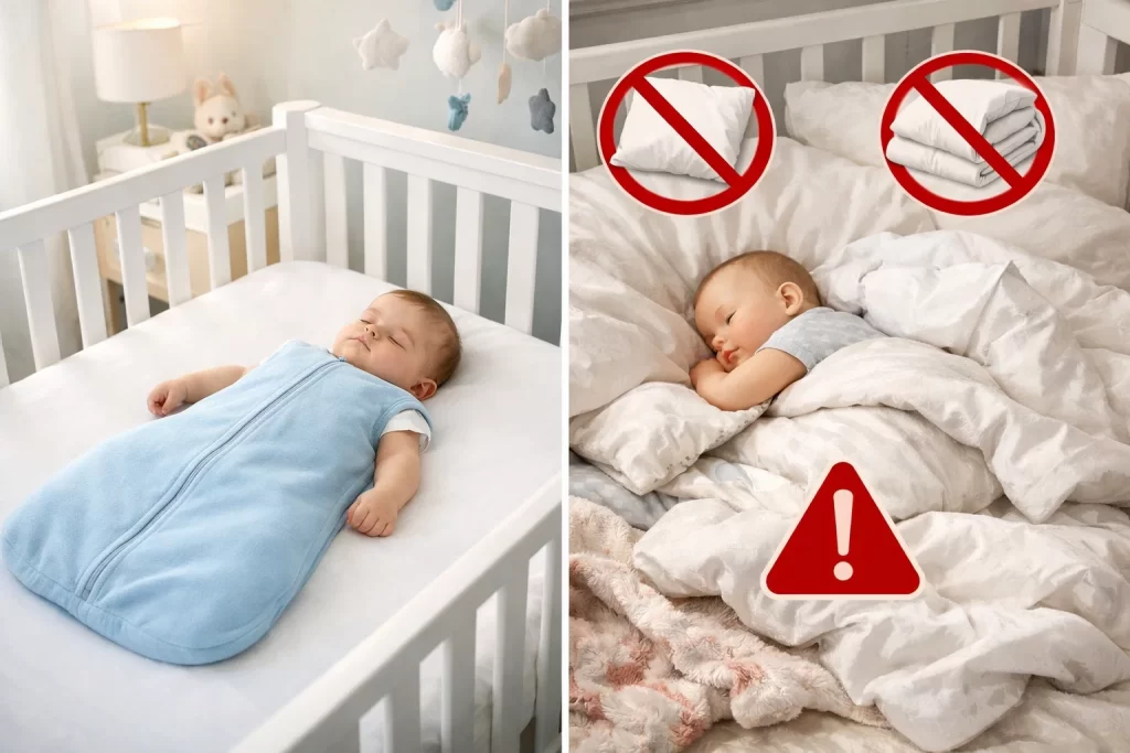 Safe infant sleep setup explaining when can toddlers sleep with a blanket and why babies should avoid blankets.