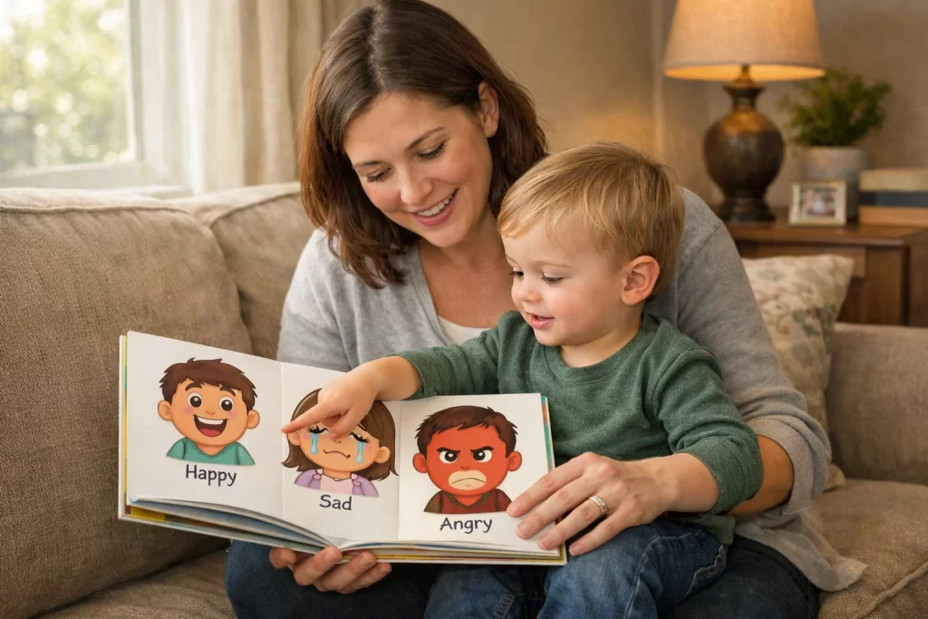 Parent teaching emotions during toddler emotional development activities for parents through reading and conversation.