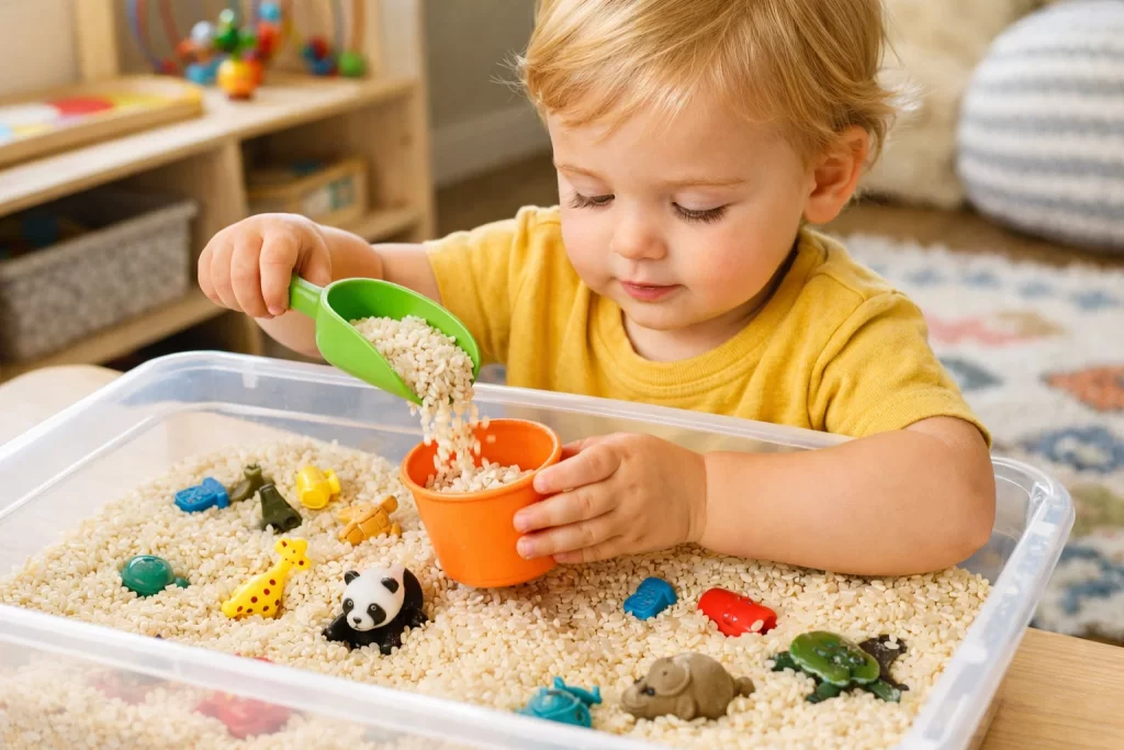Toddler using a sensory bin as one of the simple sensory play activities for toddlers indoors.
